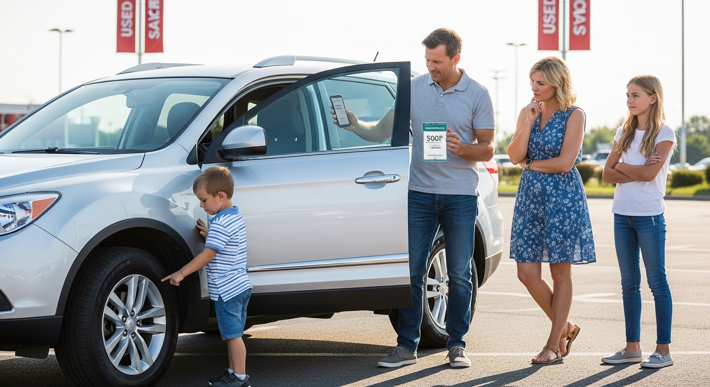 Family checking insurance before choosing a used SUV