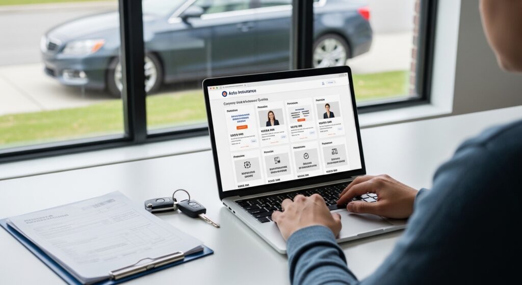 Used car buyer comparing insurance quotes before purchase