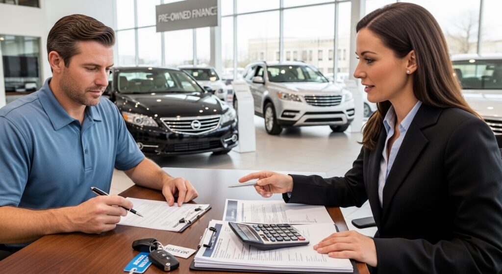 Used car buyer reviewing a negative equity car loan