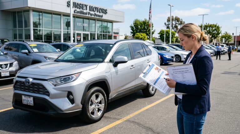 Buyer comparing used hybrid cars at a dealership in 2026