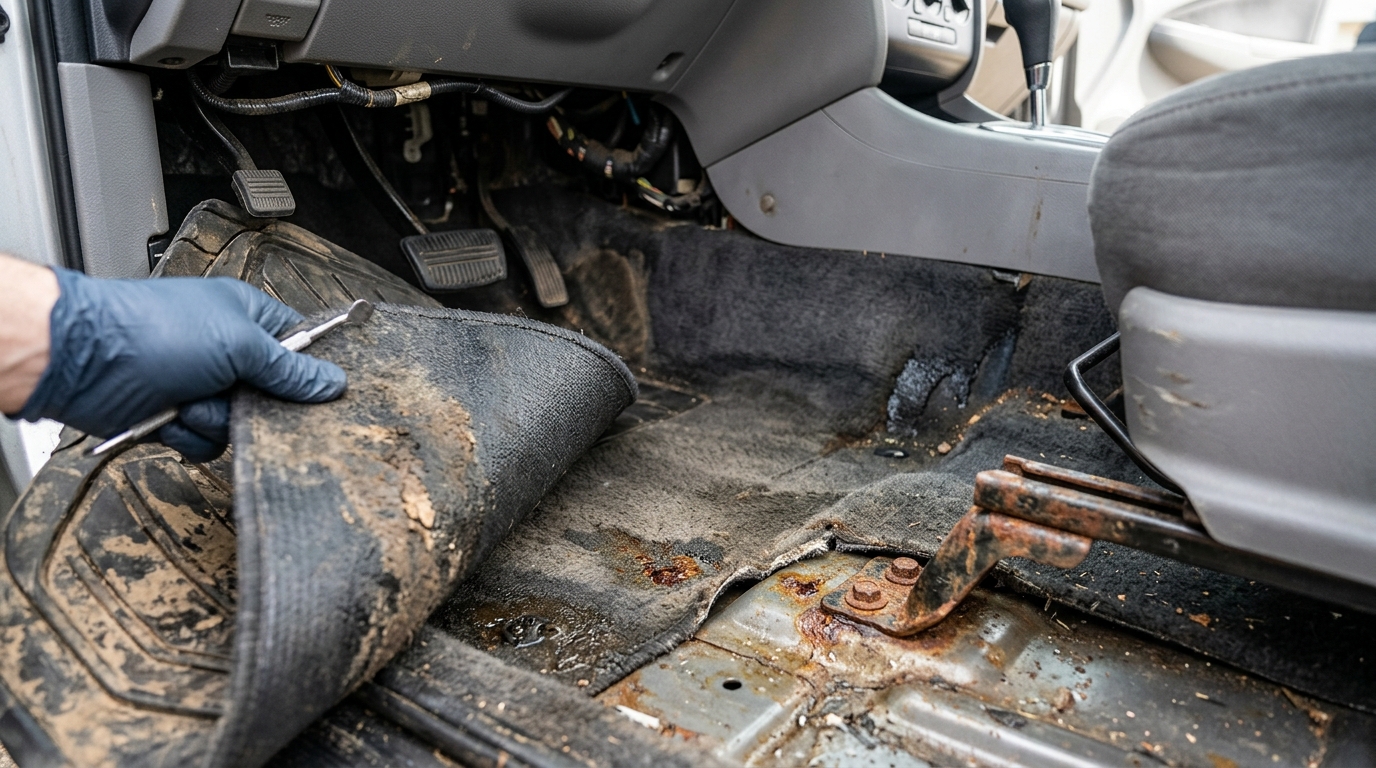 Close-up inspection of car carpet and seat rails for signs of flood damage