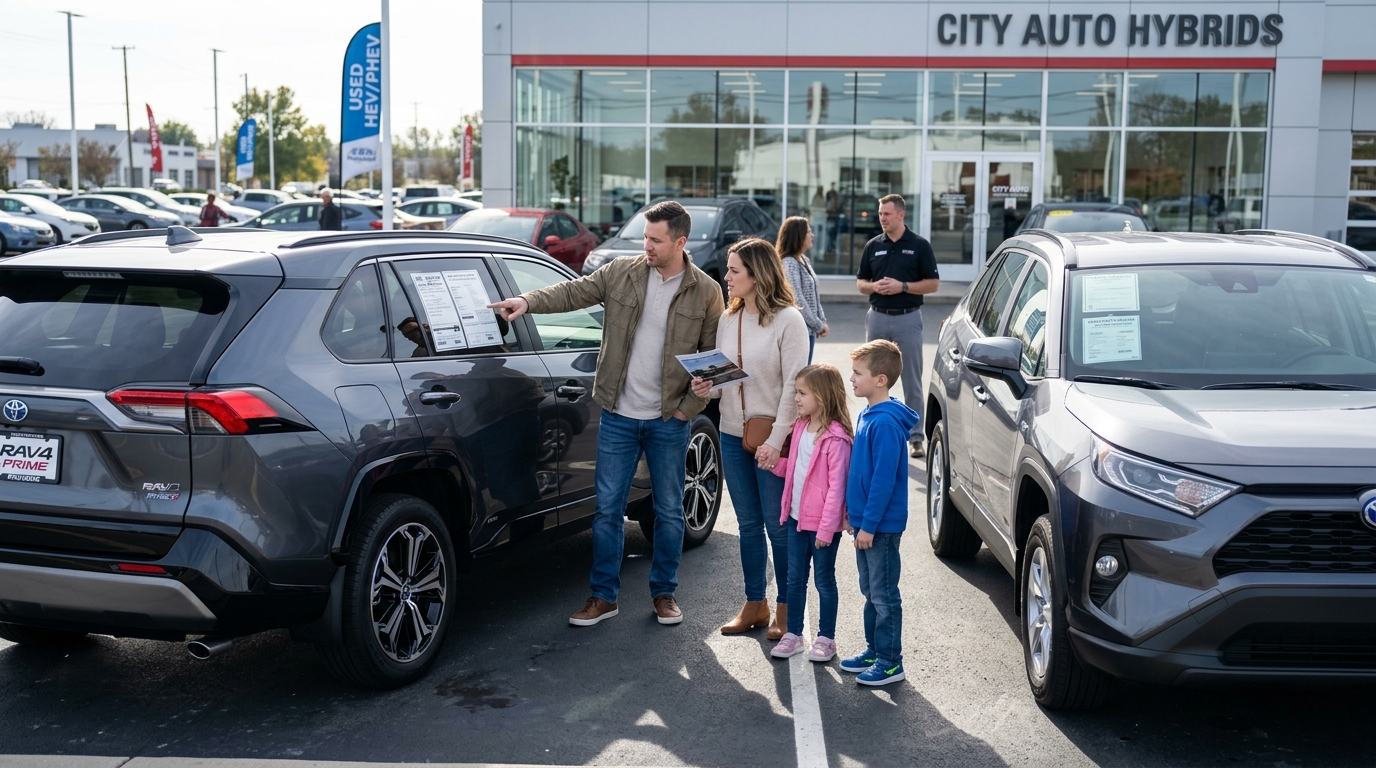 Family comparing used plug-in hybrid SUV options for lower fuel costs