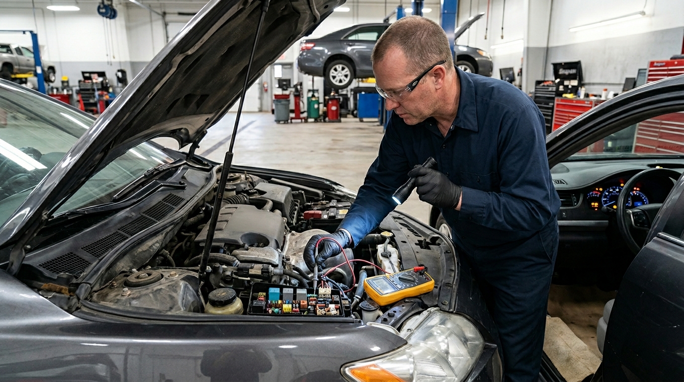 Mechanic checking a used car electrical system for hidden water damage