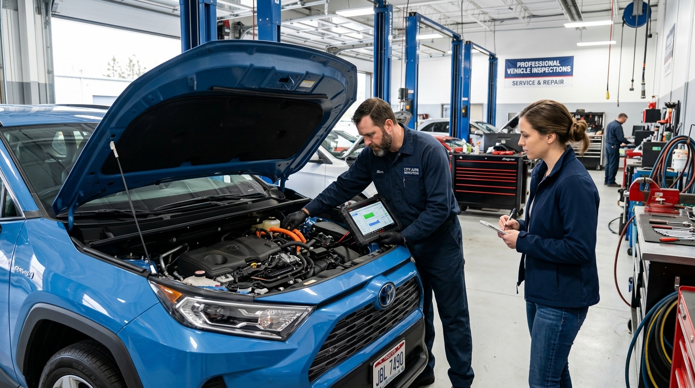 Mechanic inspecting a used hybrid car before purchase