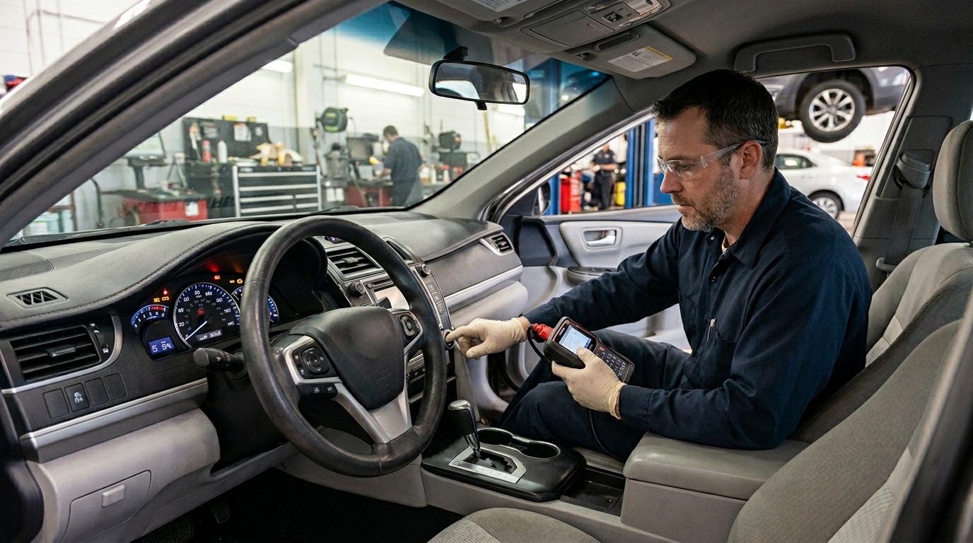 Mechanic inspecting used car safety systems and warning lights before purchase
