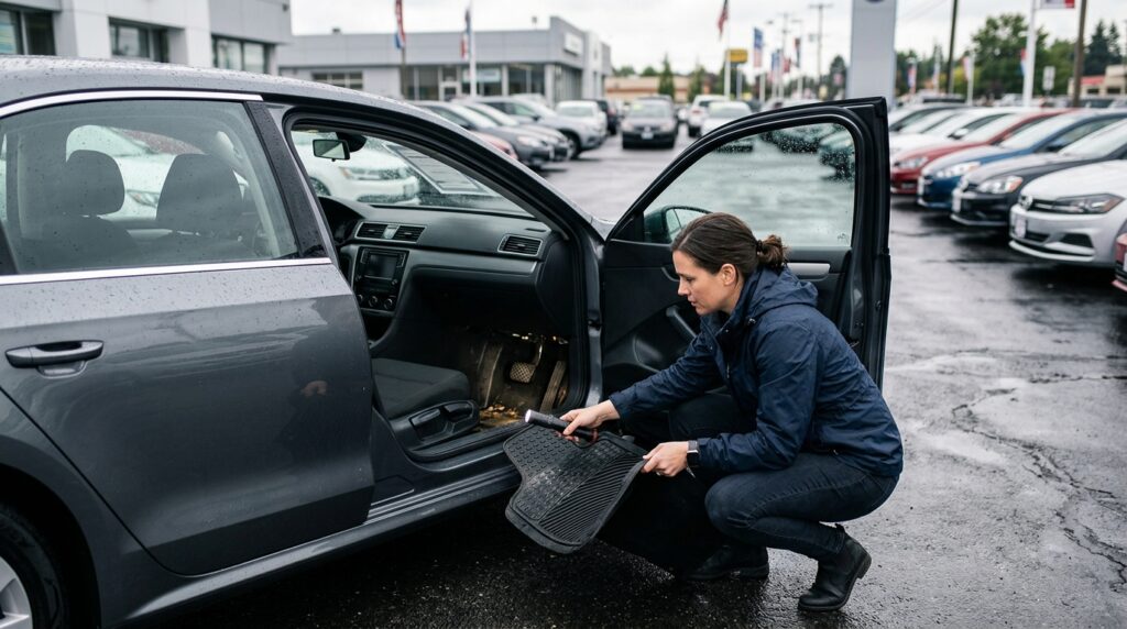 Used car buyer checking a pre-owned vehicle for hidden flood damage before purchase
