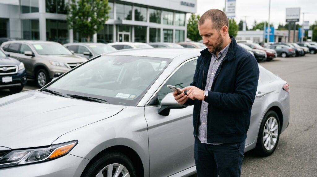 Used car buyer checking a vehicle recall report before purchasing a pre-owned car