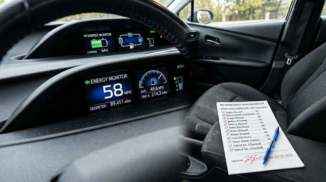 Used hybrid car dashboard showing fuel economy and battery status