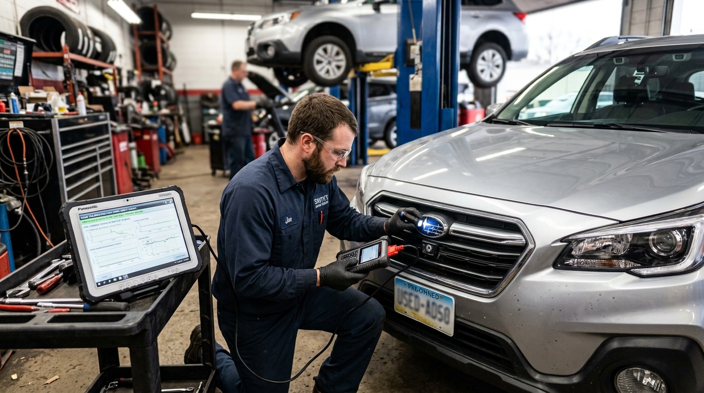 mechanic inspecting used car ADAS sensors