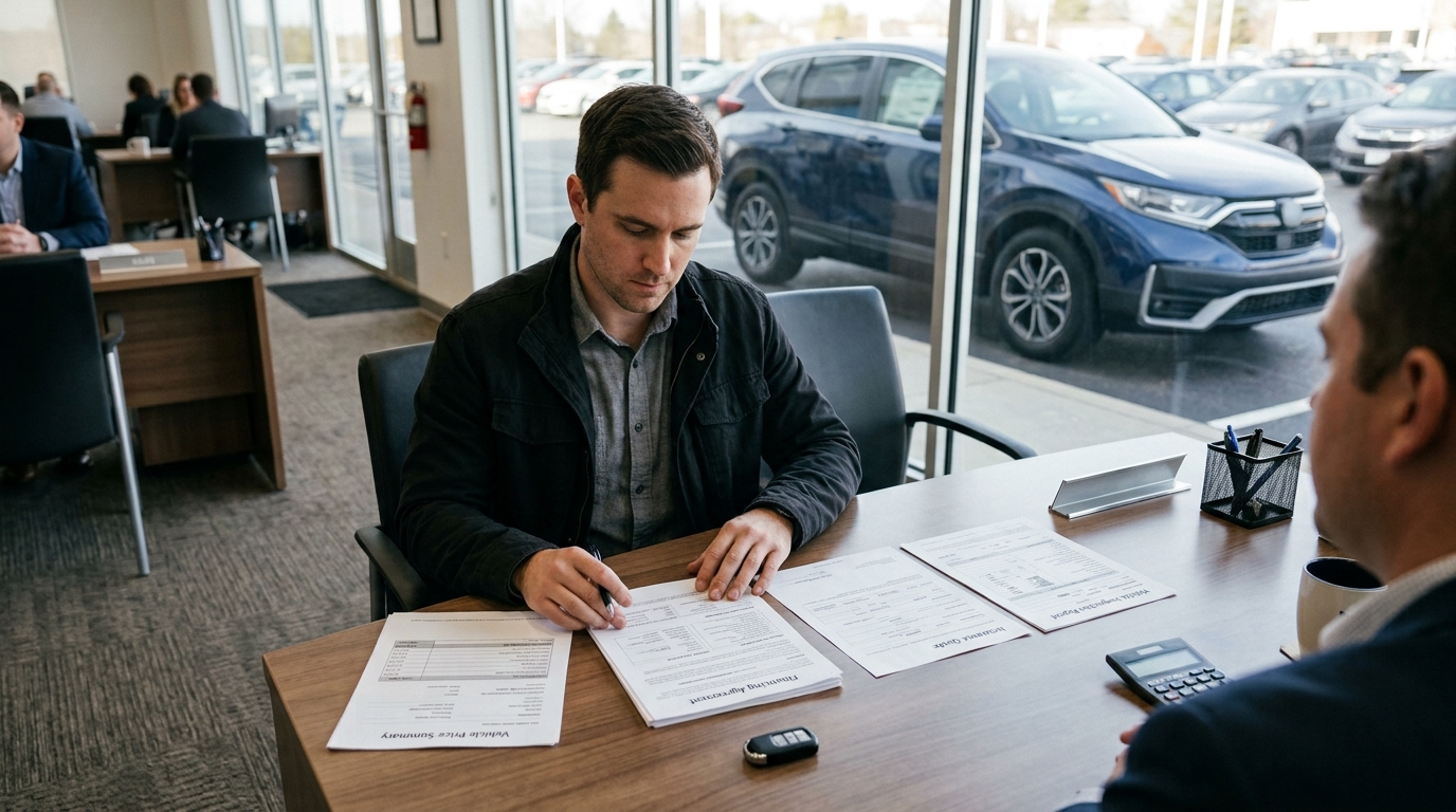 Used car buyer comparing total price financing and vehicle condition