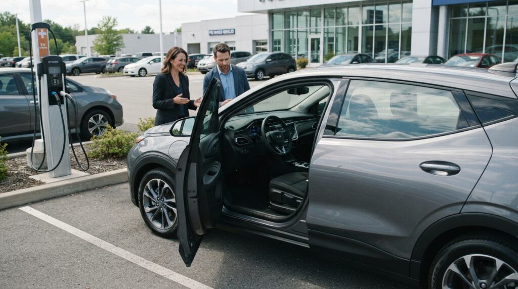 High-mileage used EV being inspected before purchase in 2026