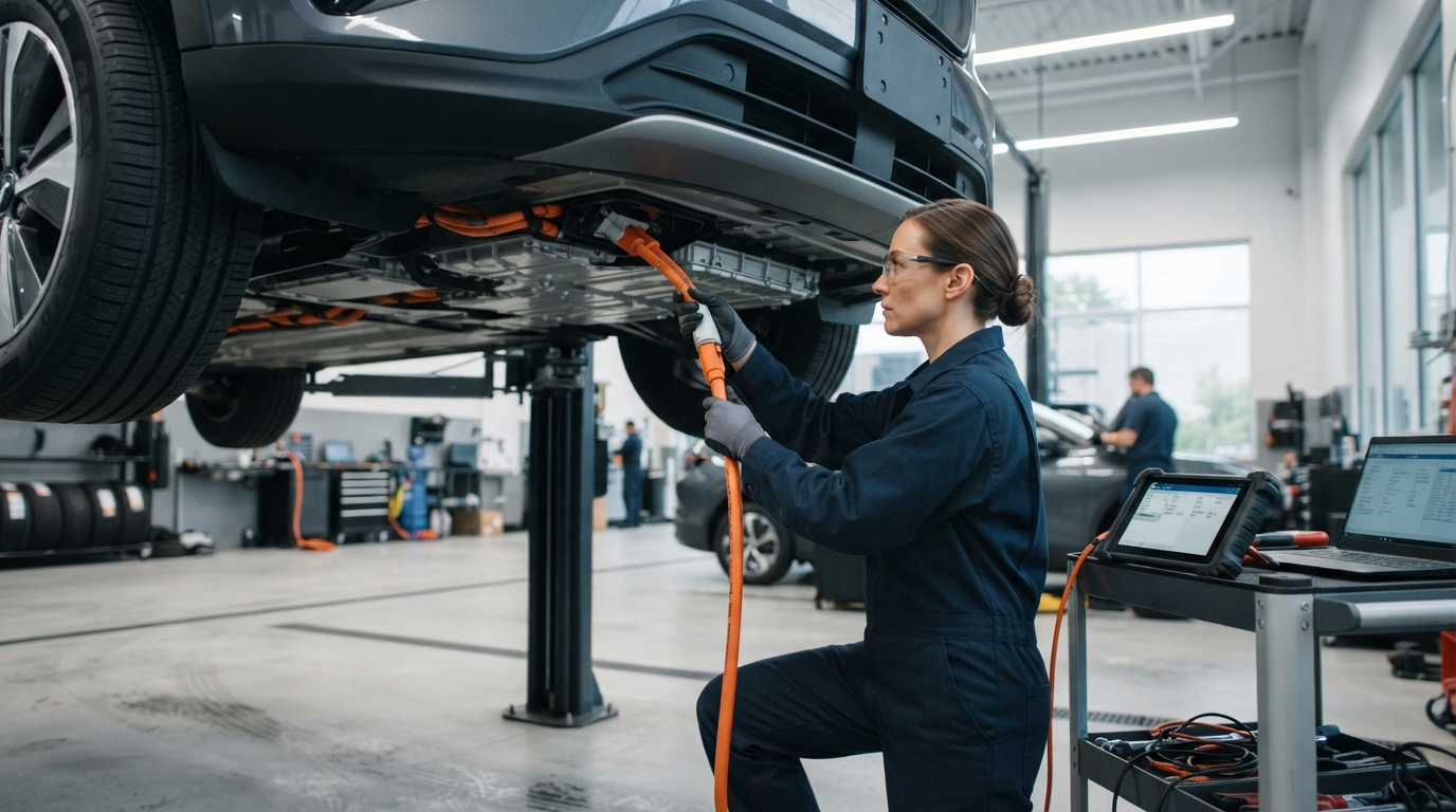 Technician checking battery health on a high-mileage used electric vehicle