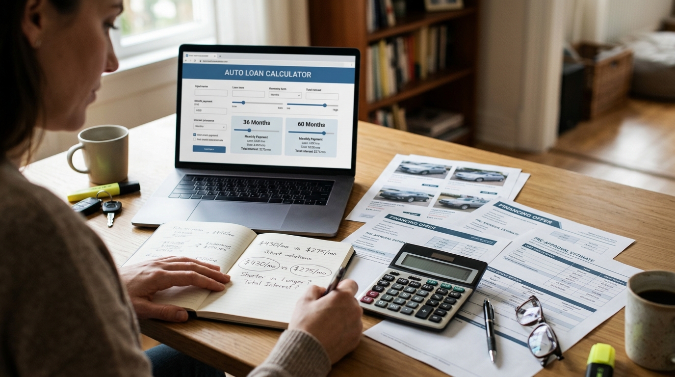 Buyer comparing used car loan terms and total financing costs before purchase
