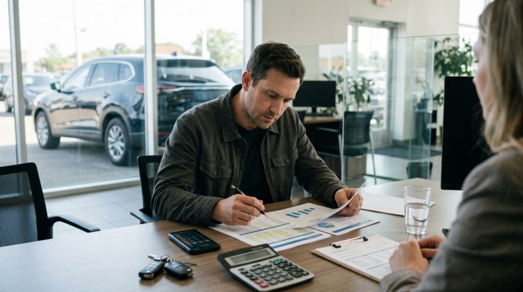 Used car financing in Q3 2026 with buyer comparing payment APR and loan term
